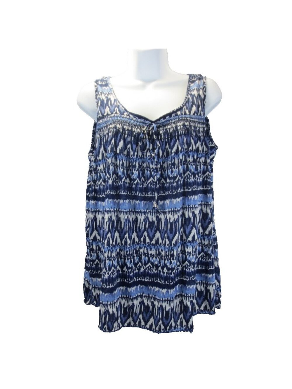 Faded Glory Womens L (12-14) Boho Batik Blue Hippie Sleeveless Tunic Tank Top